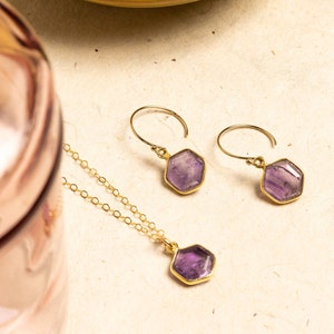 Amethyst Hexagon Necklace and Earrings Matching Set Delicate, Dainty, geometric, minimalist, gold jewelry gift for mom, wife, girlfriend image 1