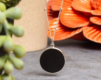 Black Onyx Round Circle Pendant Charm Necklace - 925 Sterling Silver - Long or short layering necklace 18 20 or 24 inches - Gifts for her