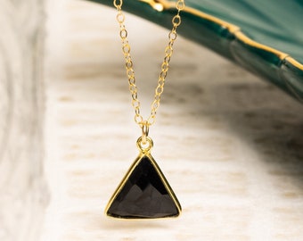 Black Onyx Triangle Gemstone Necklace - Geometric, minimalist, dainty pendant for her - Gold jewelry gifts for her, wife, girlfriend, sister