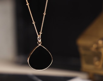 Onyx Drop Necklace - Black and Gold Long Layering Necklace on Gold Filled Satellite Chain - Mother's Day Gifts, Every day jewelry, BFF gift