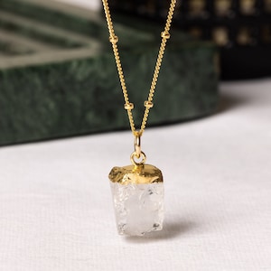 Genuine chunky raw quartz necklace on long 14k gold filled satellite chain Perfect for layering, bridesmaids gifts, gift for wife, bff, you