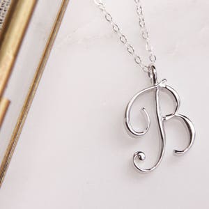 Letter B Initial Necklace - Cursive &quot;B&quot; initial silver pendant - Personalized initial silver pendant for women / Gift for her / for mom