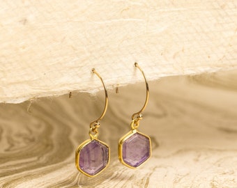 Amethyst Hexagon Drop Earrings - Geometric, Dainty, Feminine, Minimalist Gold Handmade Jewelry Gifts for wife, girlfriend, mom, bff