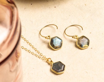 Labradorite Hexagon Necklace and Earrings Matching Set Delicate, Dainty, geometric, minimalist, gold jewelry gift for mom, wife, girlfriend