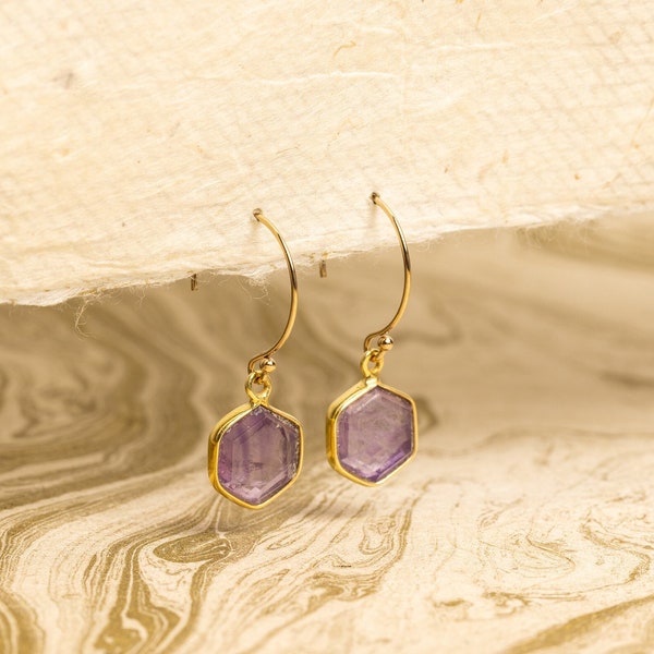 Amethyst Hexagon Drop Earrings - Geometric, Dainty, Feminine, Minimalist Gold Handmade Jewelry Gifts for wife, girlfriend, mom, bff