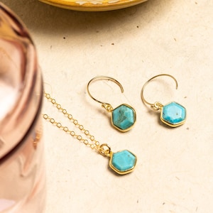 Turquoise Hexagon Necklace and Earrings Matching Set Delicate, Dainty, geometric, minimalist, gold jewelry gift for mom, wife, girlfriend image 1