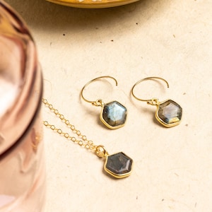 Labradorite Hexagon Necklace and Earrings Matching Set Delicate, Dainty, geometric, minimalist, gold jewelry gift for mom, wife, girlfriend image 1