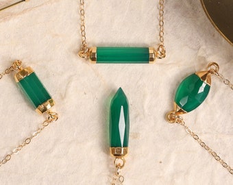 Green Onyx Necklace Collection • Green onyx necklaces on 14k dainty gold chain • Natural green onyx • Elegant necklaces Jewelry gift for her