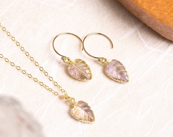 Ametrine Necklace Set - Leaf shape gemstones matching SET of earrings AND necklace - 14k gold filled chain and earwires - Bridesmaids gift