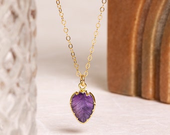 Amethyst Necklace - Handmade leaf shaped gemstone with vermeil gold bezel on 14k gold filled chain - dainty, petite jewelry gifts for her