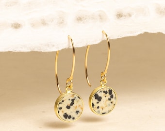 Dalmatian Jasper and gold stunning circle drop earrings for her - Unique, elegant, minimalist jewelry gift ideas for you, wife, mom, niece