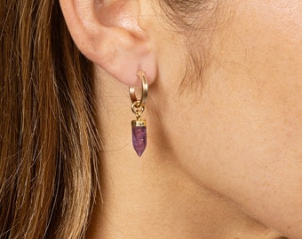 Amethyst Spike Earrings - Genuine Amethyst Gemstone Spikes on 14k Gold Filled Hoop Earrings - Statement Earrings, Minimalist Boho Style