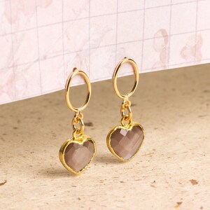 Brown Moonstone Mini Heart Earrings - 14k Gold Filled - Minimalist, romantic, love hearts jewelry for girlfriend, wife, bride, bridesmaids