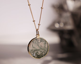 Genuine Moss Agate round circle disc necklace on 14k gold filled satellite chain / Long layering necklace / Boho look, raw natural gemstone