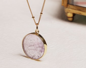 Amethyst Circle Necklace - Round slice of genuine amethyst gemstone bezel in vermeil gold on 14k gold filled satellite chain - Gifts for her