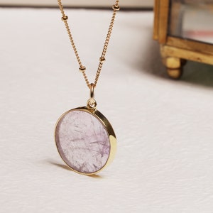 Amethyst Circle Necklace Round slice of genuine amethyst gemstone bezel in vermeil gold on 14k gold filled satellite chain Gifts for her image 1