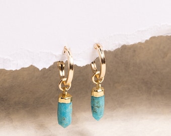 Turquoise Spike Earrings - Genuine Turquoise Gemstones on 14k Gold Filled Small Hoop Earrings - Minimalist Jewelry for Her - Gift for Wife