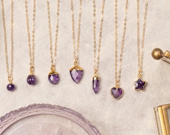 Amethyst Necklaces - Point, Heart, Star / Genuine Amethyst pendants / Gift for Her / Purple Gemstone / 14k Gold Filled Chain
