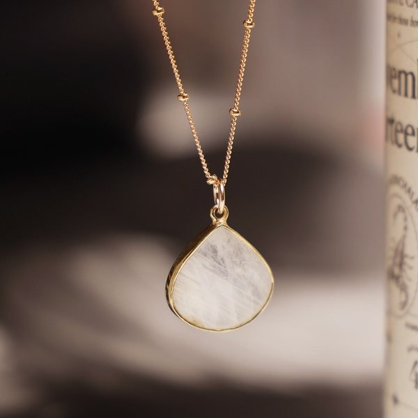Goutte de pierre de lune - Collier avec pendentif en forme de larme arc-en-ciel blanc sur chaîne satellite remplie d'or 14 carats, cadeaux pour la fête des mères, collier long à superpositions