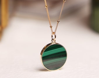 Green Malachite Circle Disc Pendant Necklace on 14k gold filled 20 inch Satellite chain Jewelry Gifts for her Minimalist Boho layering style