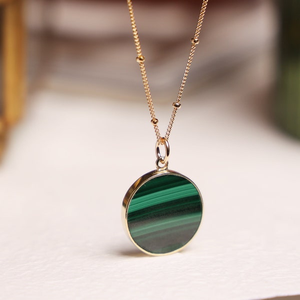 Green Malachite Circle Disc Pendant Necklace on 14k gold filled 20 inch Satellite chain Jewelry Gifts for her Minimalist Boho layering style