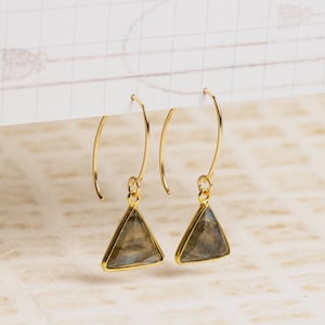 Genuine Labradorite Gemstone Triangle Drop Earrings - Geometric, Modern, Minimalist Gold Handmade Jewelry Gifts for wife, girlfriend, sister