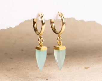 Aqua Chalcedony Pendulum Gemstone Spikes on 15k Gold Filled Huggie style earring - Minimalist, Elegant, Handmade jewelry gifts for her, wife