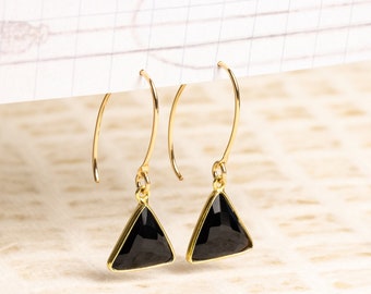 Genuine Black Onyx Gemstone Triangle Drop Earrings - Geometric, Modern, Minimalist Gold Handmade Jewelry Gifts for wife, girlfriend, sister