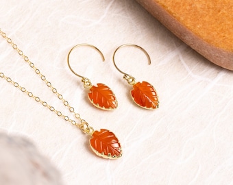 Carnelian Necklace Set - Leaf shape gemstones matching SET of earrings AND necklace - 14k gold filled chain and earwires - Bridesmaids gift