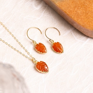 Carnelian Necklace Set Leaf shape gemstones matching SET of earrings AND necklace 14k gold filled chain and earwires Bridesmaids gift image 1