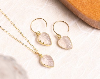 Rose Quartz Necklace Set - Leaf shape gemstones matching SET of earrings AND necklace - 14k gold filled chain and earwire - Bridesmaids gift