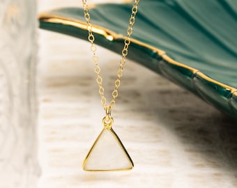 Moonstone Triangle Gemstone Necklace - Geometric, minimalist, dainty pendant for her - Gold jewelry gifts for wife, girlfriend, sister, bff