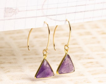 Amethyst Genuine Gemstone Triangle Drop Earrings - Geometric, Modern, Minimalist Gold Handmade Jewelry Gifts for wife, girlfriend, sister