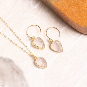 Rose Quartz Necklace Set Leaf shape gemstones matching SET of earrings AND necklace 14k gold filled chain and earwire Bridesmaids gift image 1