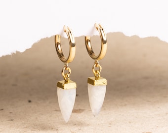 Moonstone Pendulum Gemstone Spikes on 15k Gold Filled Huggie style earring - Minimalist, Elegant, Handmade jewelry gifts for her, mom, wife