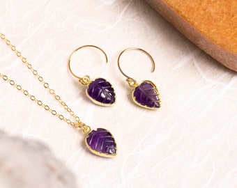 Amethyst Necklace Set - Leaf shape gemstones matching SET of earrings AND necklace - 14k gold filled chain and earwires - Bridesmaids gift