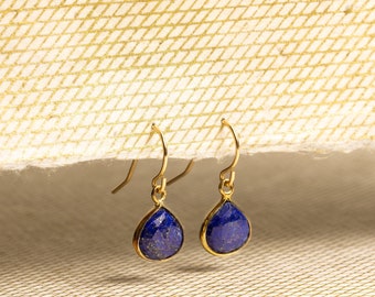 Lapis Lazuli Mini drop charms 14k gold filled ear-wire earrings Handmade elegant, everyday, casual gemstone gift earrings for every occasion