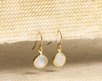 Moonstone Mini drop charms 14k gold filled ear-wire earrings - Handmade elegant, everyday, casual gemstone gift earrings for every occasion