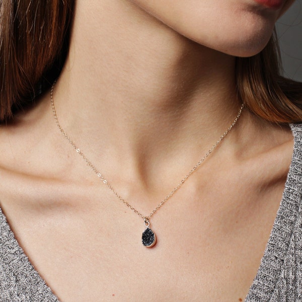 Black Druzy drop necklace - timeless sterling silver chain necklace - Elegant druzy pendant - Short necklaces for layering - Natural stones