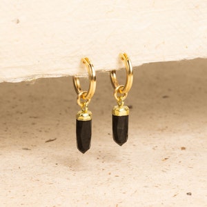 May include: Gold hoop earrings with black gemstone drop charms. The earrings are simple and elegant, perfect for everyday wear.