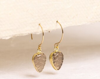 Smokey Quartz Leaf Gold Earrings - 14k Gold Filled earwires - Handmade Minimalist, Petite, Bridal, Bridesmaids, Wife, Girlfriend, Mom, bff