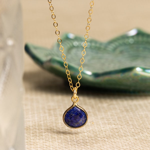 Lapis Lazuli Teardrop Gemstone Necklace - Delicate, minimalist, chic, gold cable chain necklace - Gifts for her, wife, girlfriend, sister