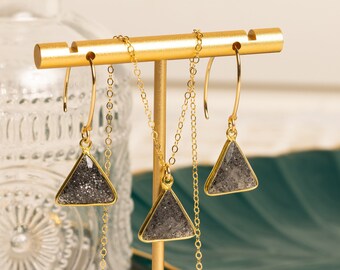 Black Sunstone Triangle Gemstone Necklace and Earrings SET - Geometric, minimalist - Gold jewelry gifts for her, wife, girlfriend, sister