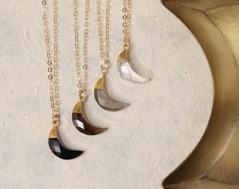 Gold Moon Necklace - Gifts for Her - Celestial Necklace, Moon Shape Onyx, Smokey Quartz, Gray Moonstone, Crystal Quartz. For you, mom, wife