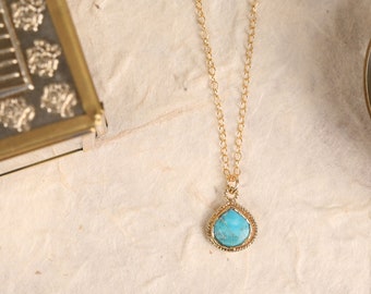 Turquoise pendant necklace for her / Compressed turquoise dainty teardrop gold necklace / 14k gold filled chain / Turquoise jewelry for her