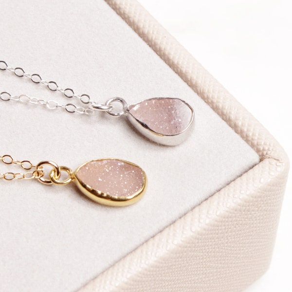 Druzy drop necklaces in 14k gold filled and sterling silver chains - Modern, dainty, short necklaces for layering - Gift for Her, for Mom.