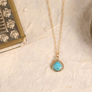 Turquoise pendant necklace for her / Compressed turquoise dainty teardrop gold necklace / 14k gold filled chain / Turquoise jewelry for her