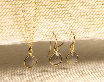 Gray Moonstone Necklace and Drop Earrings Matching Set - Delicate, Dainty, minimalist, simple gold jewelry gift for mom, wife, daughter