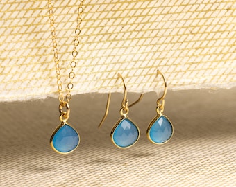 Blue Chalcedony Necklace and Drop Earrings Matching Set - Delicate, Dainty, minimalist, simple gold jewelry gift for mom, wife, girlfriend