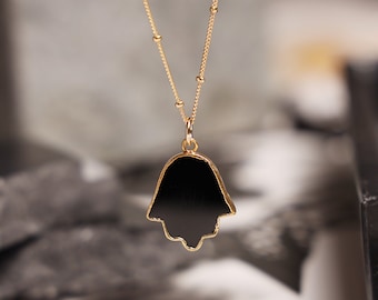 Onyx Hamsa Pendant Necklace 14K gold filled satellite chain Long BOHO style hand of fate necklace Gift ideas for her, for mom, for wife